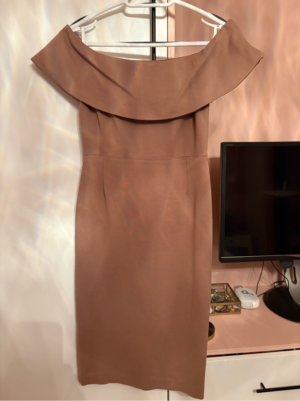 Babaton Off Shoulder Dress in Dark Beige
